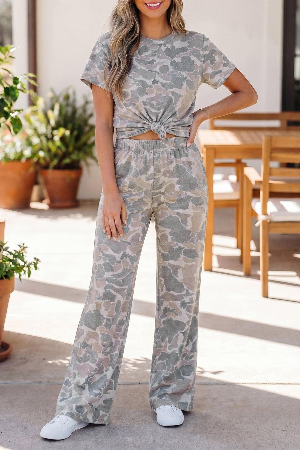 Camo Short Sleeve Top & Wide Leg Pants Set