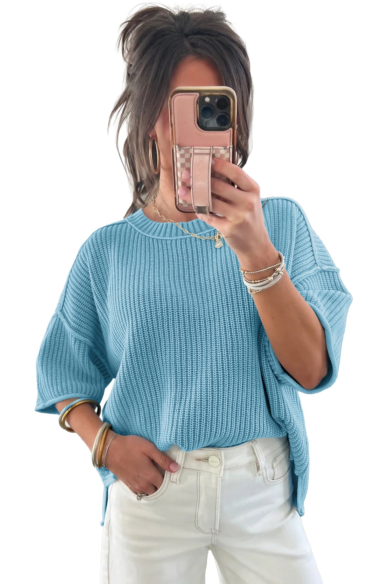 Solid Exposed Seam 3/4 Sleeve Loose Sweater
