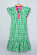 Gingham Colorblock Ruffle Sleeve Midi Dress