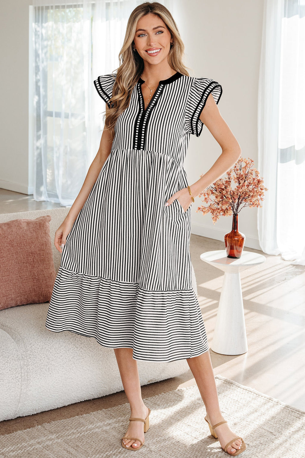 Stripe Ruffle Short Sleeve V-Neck Midi Dress