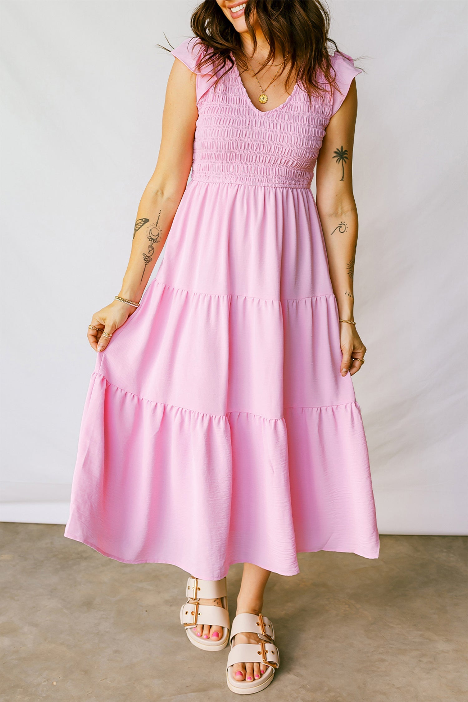 Smocked V-Neck Flutter Sleeve Tiered Midi Dress