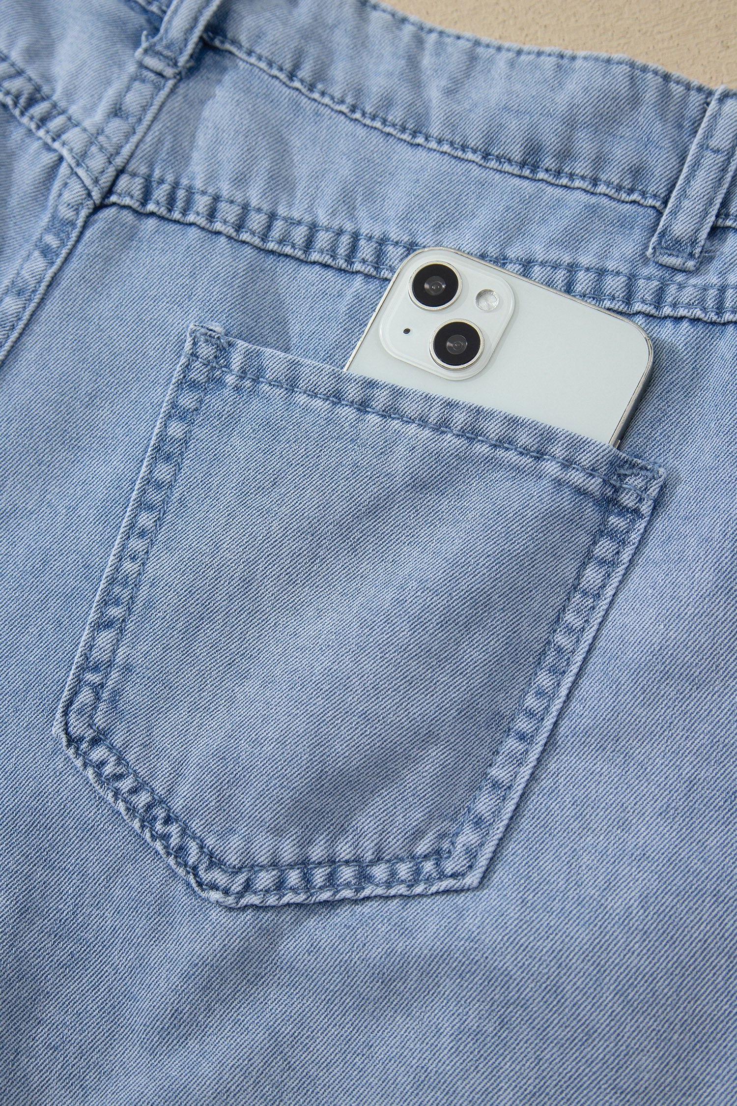 Solid Denim Scalloped Trim High Waist Shorts