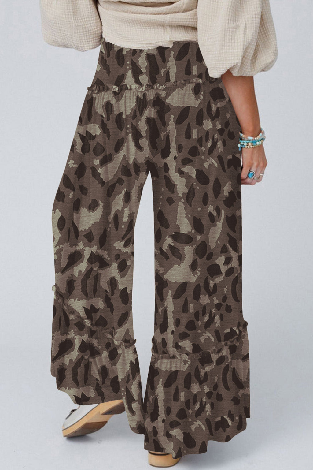 Abstract Leopard Ruffle Tiered Wide Leg Pants