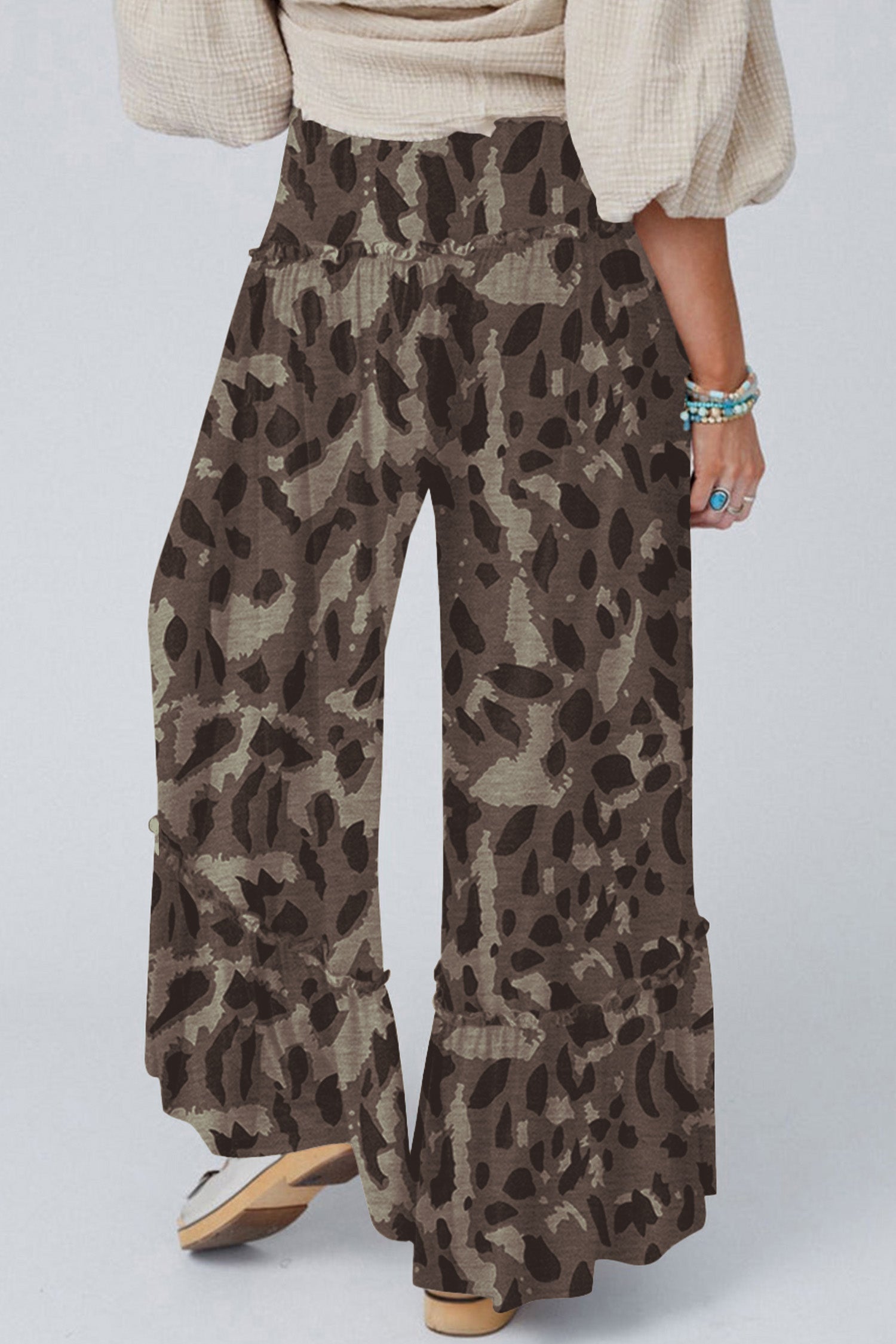 Abstract Leopard Ruffle Tiered Wide Leg Pants