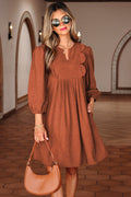 Corduroy Pleated Scallop Neck 3/4 Sleeve Mini Dress