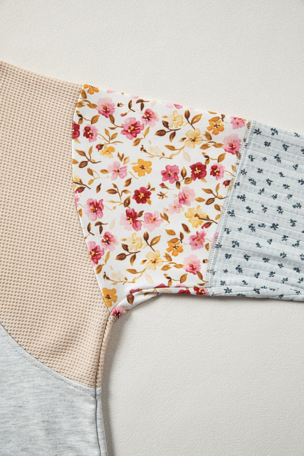Floral Waffle Knit Patchwork Raglan Long Sleeve Top