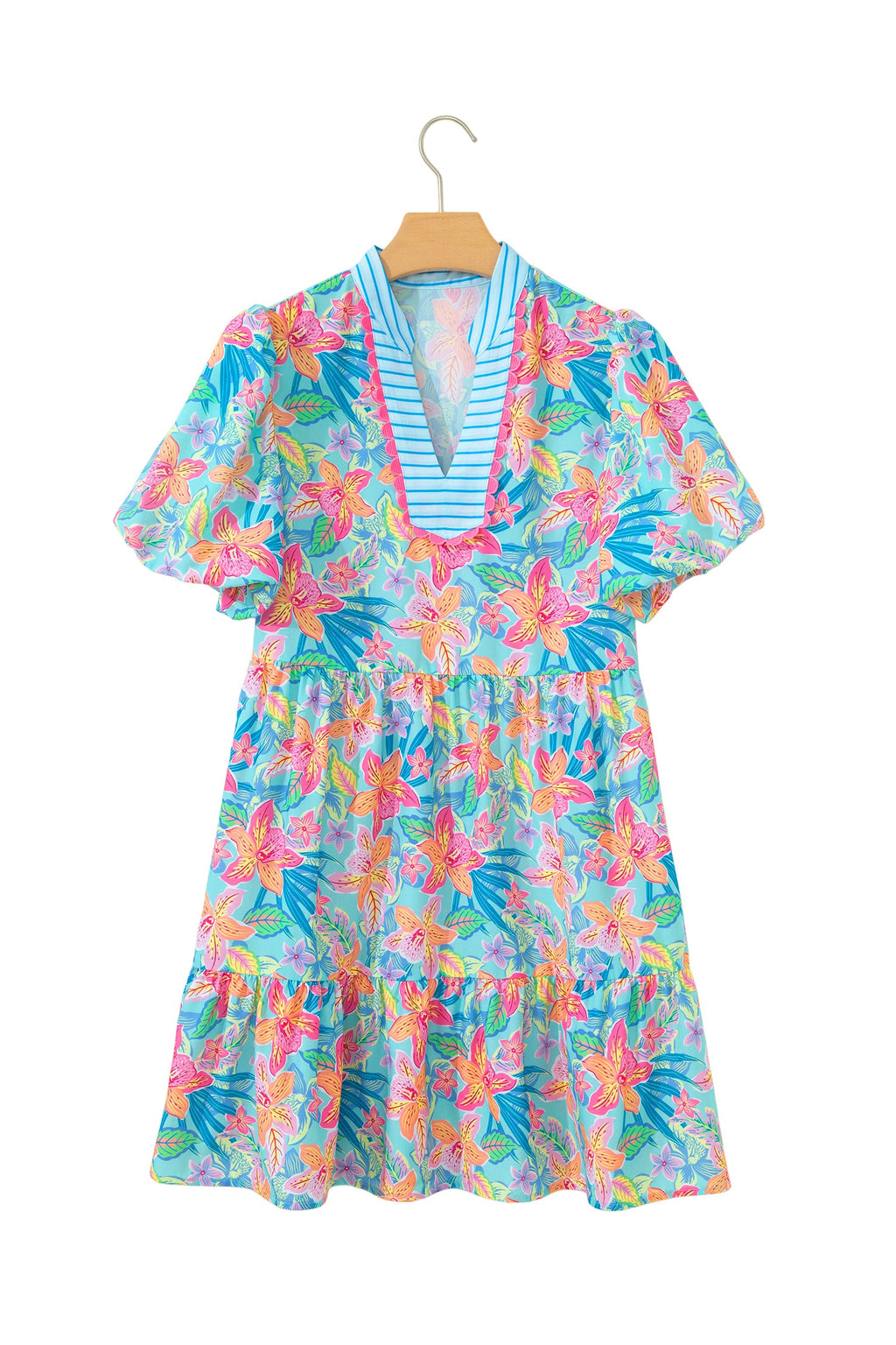 Floral Stripe Scallop Trim V-Neck Tiered Dress
