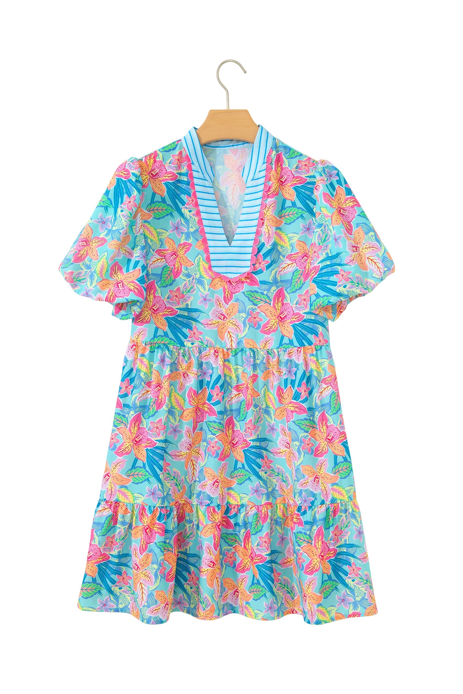 Floral Stripe Scallop Trim V-Neck Tiered Dress