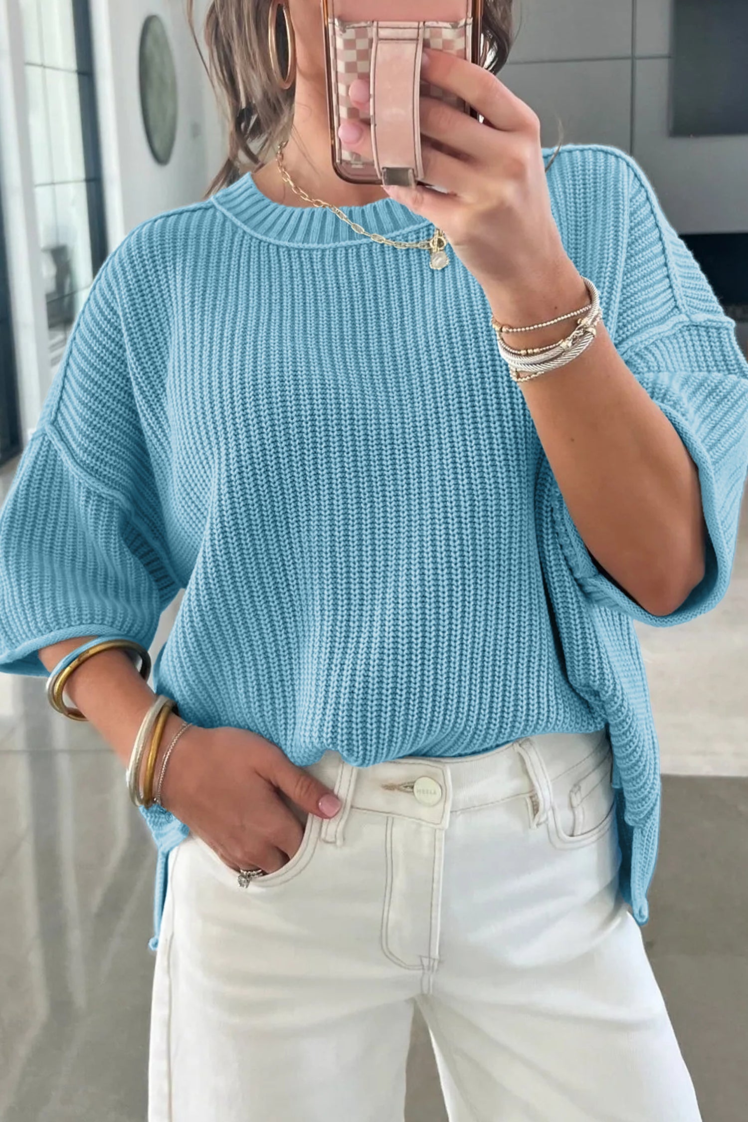 Solid Exposed Seam 3/4 Sleeve Loose Sweater