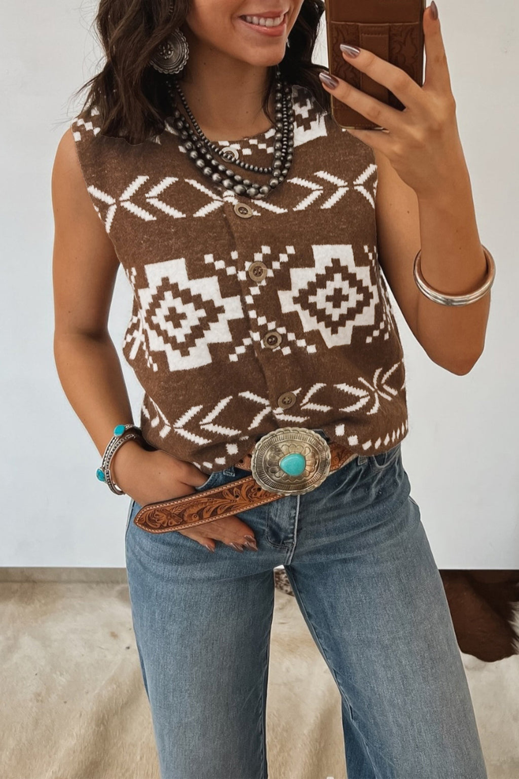 Southwestern Aztec Buttoned Sweater Vest
