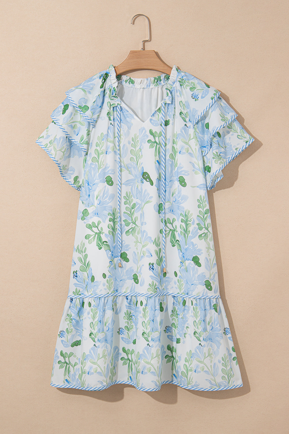 Floral V-Neck Layered Short Sleeve Mini Dress