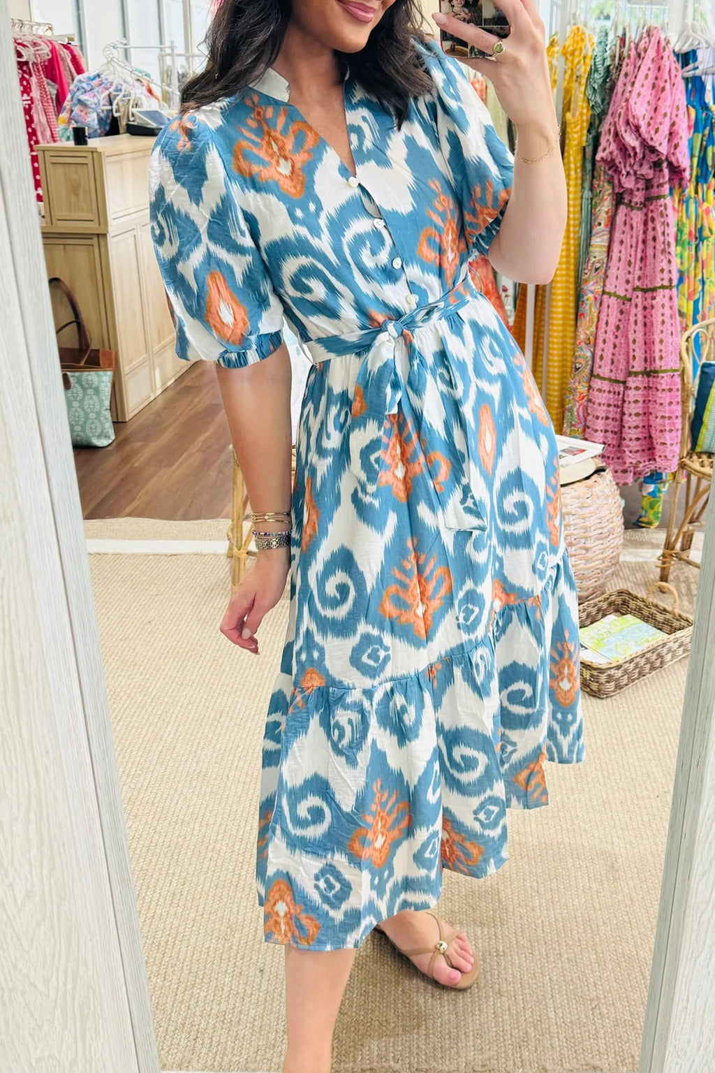 Floral Boho Puff Sleeve Ruffle Hem Midi Dress