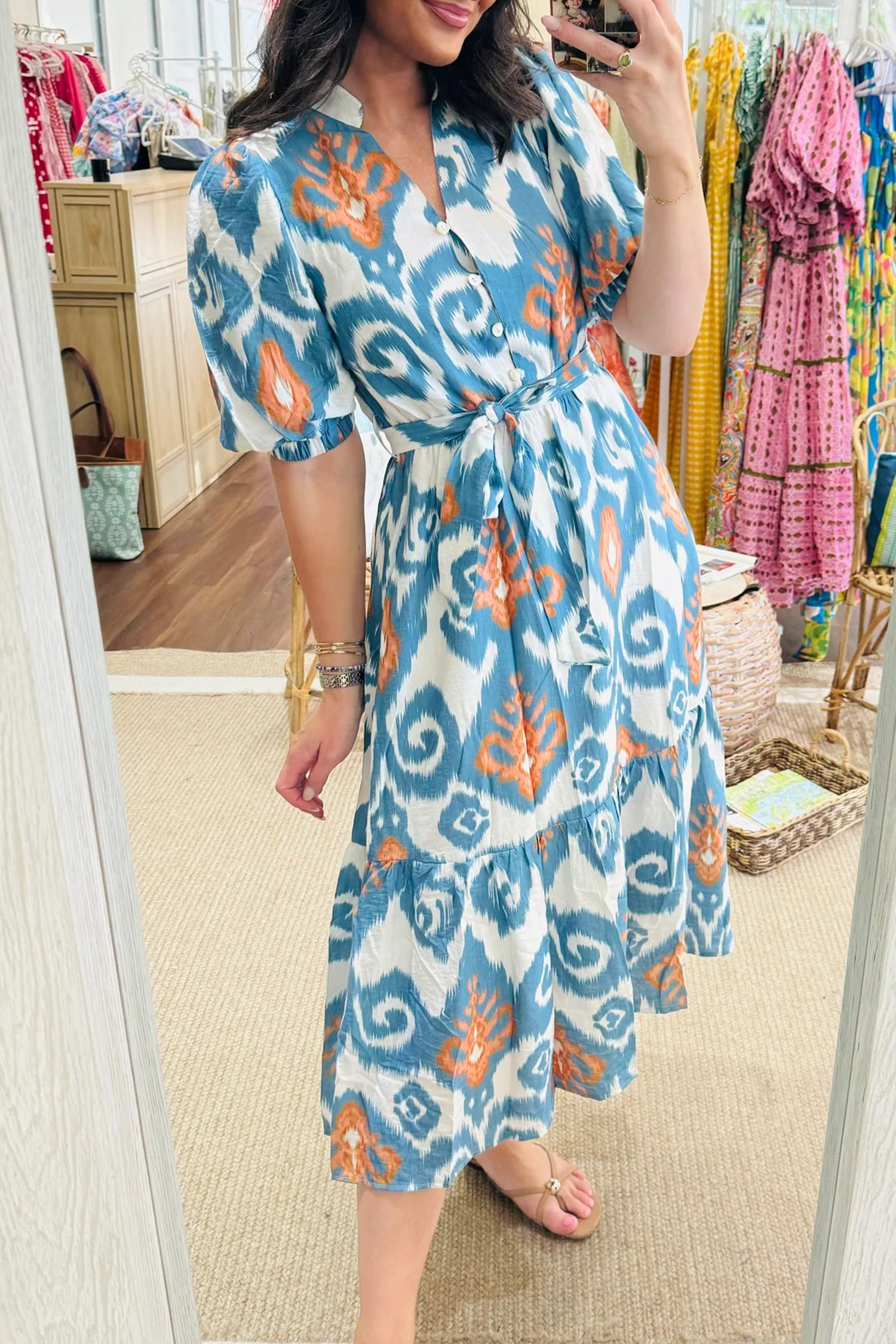 Floral Boho Puff Sleeve Ruffle Hem Midi Dress