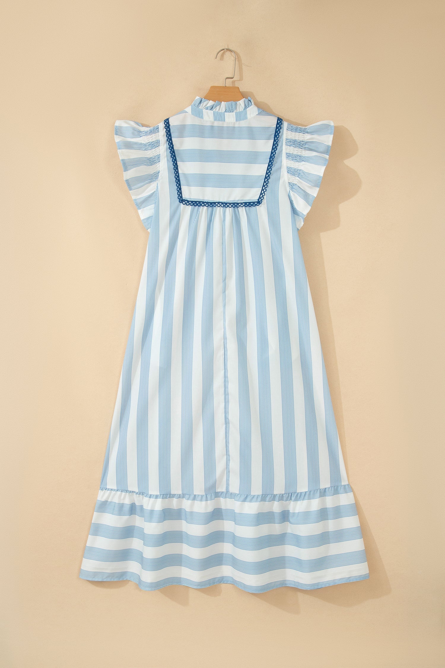 Stripe Lace Trim V-Neck Ruffle Midi Dress