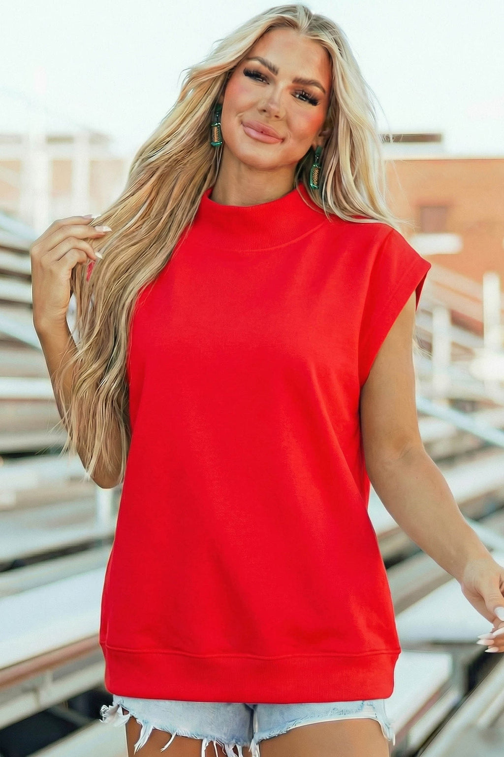 Solid Mock Neck Cap Sleeve Oversized Top