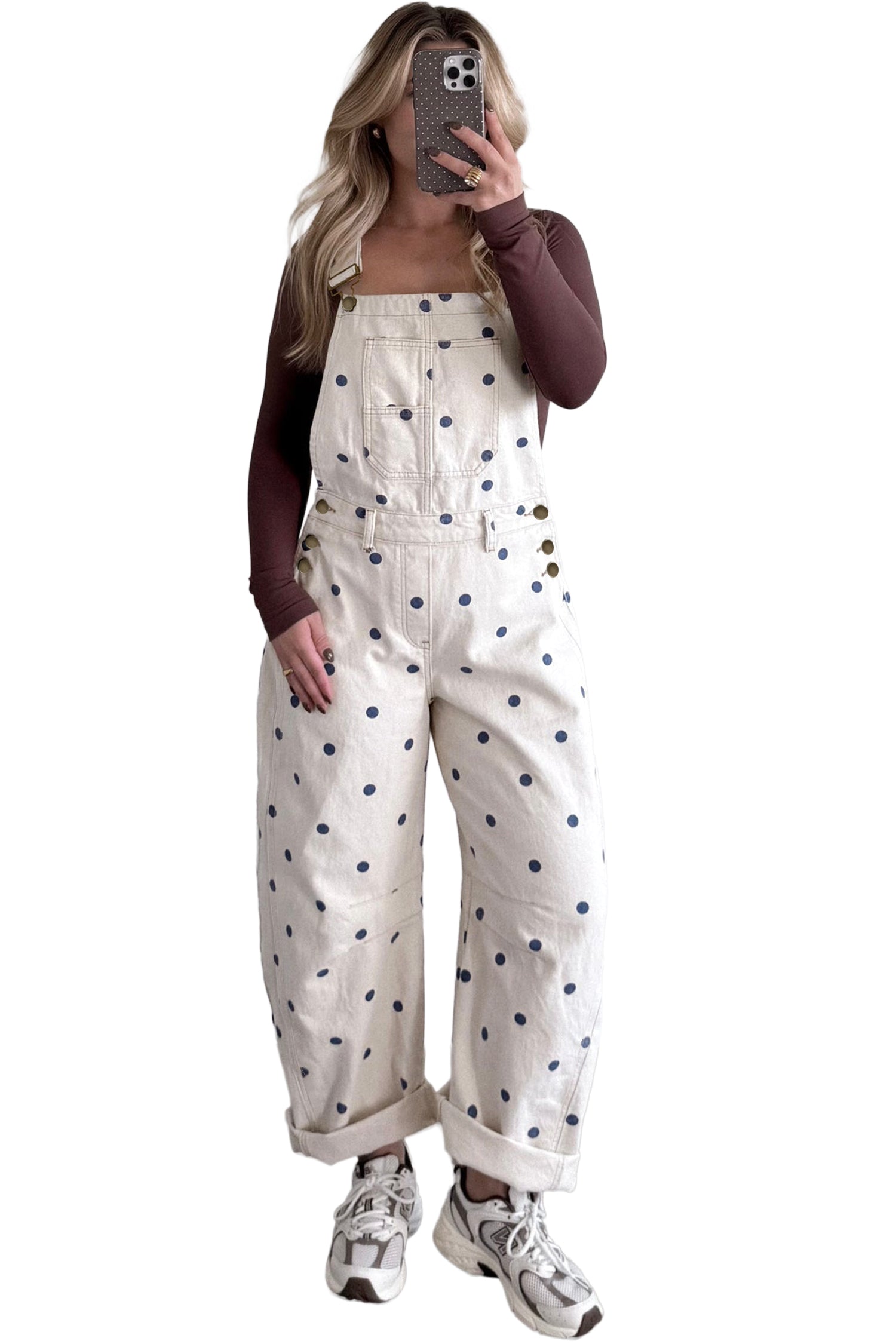 Polka Dot Denim Barrel Leg Overalls Jumpsuit