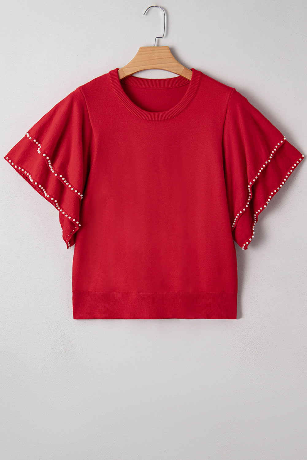 Solid Pearl Embellished Double Ruffle Sleeve Sweater