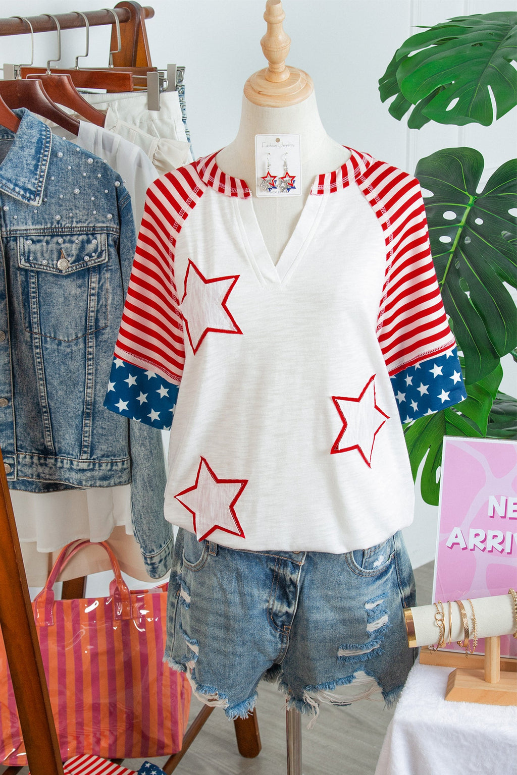 USA Flag Star Patchwork Short Sleeve Top