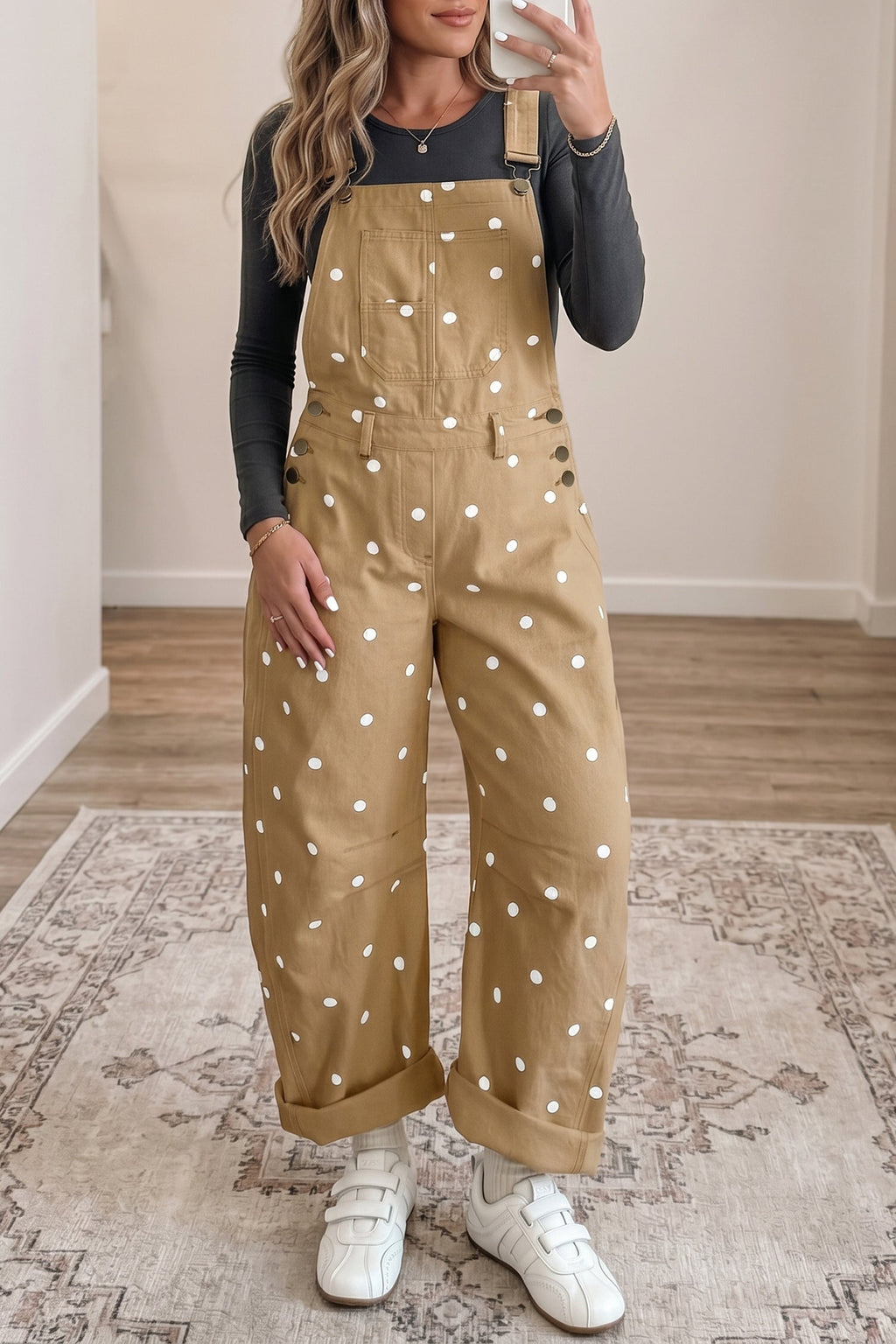 Polka Dot Denim Barrel Leg Overalls Jumpsuit
