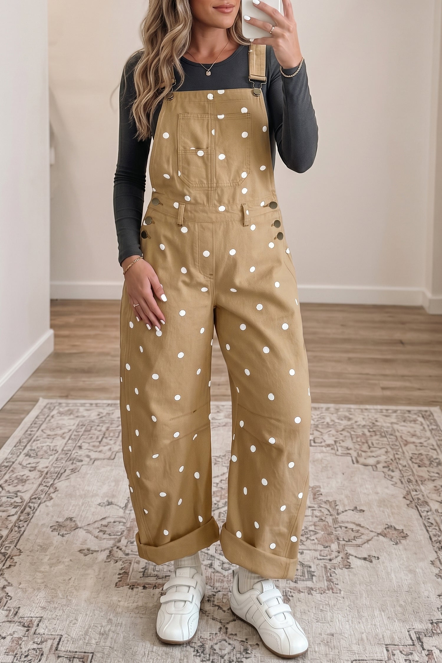 Polka Dot Denim Barrel Leg Overalls Jumpsuit