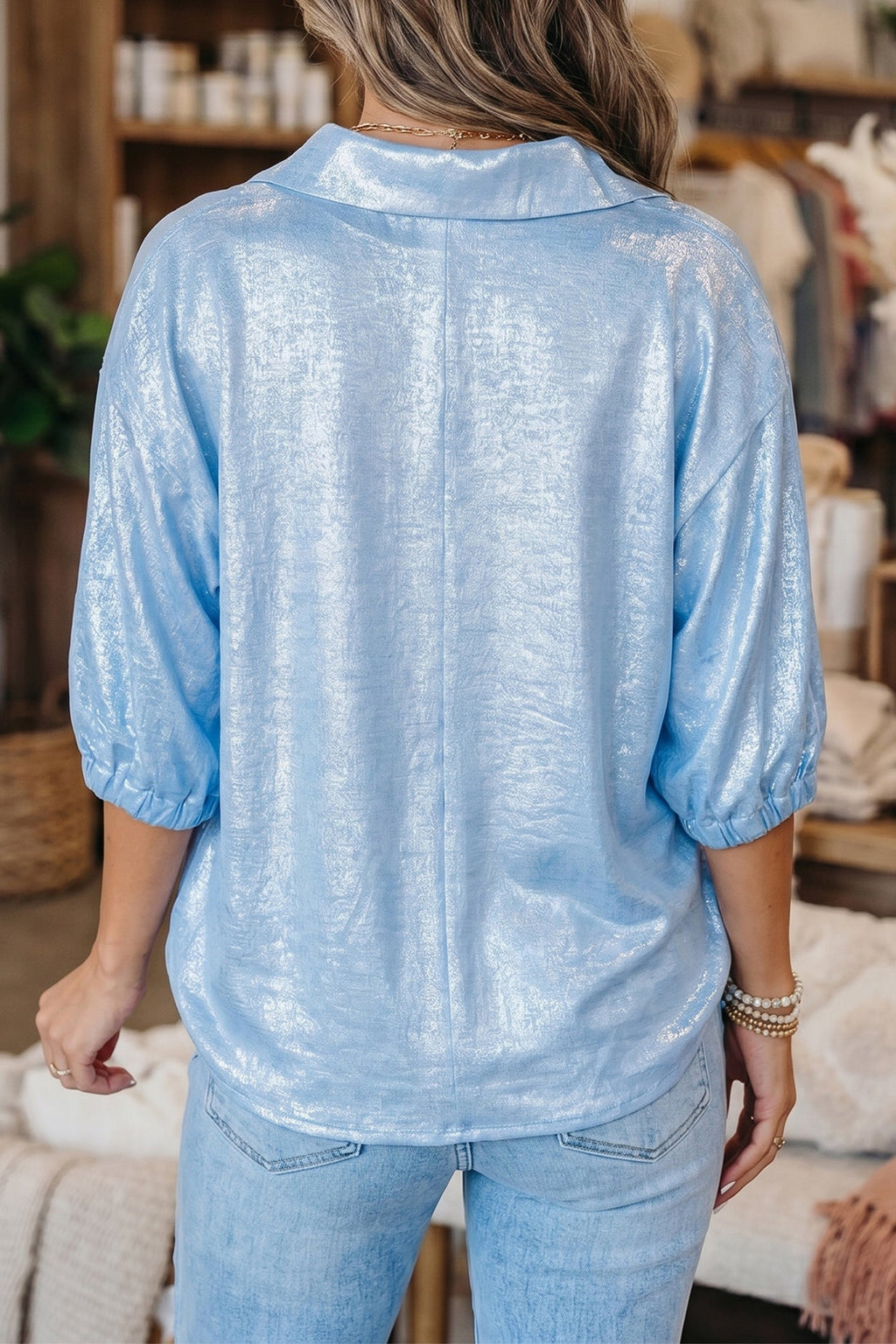 Metallic Collared V-Neck 3/4 Sleeve Top