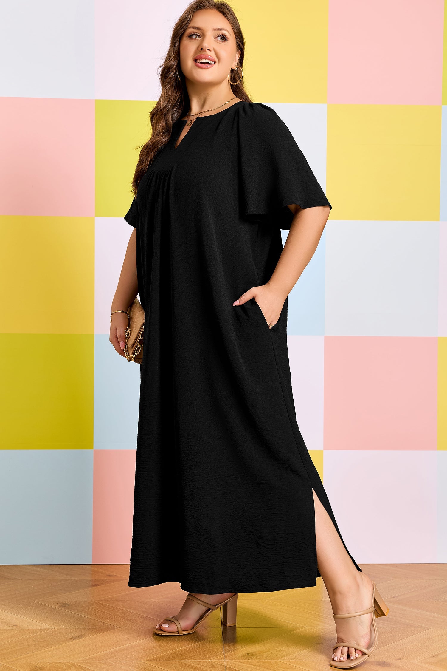 Plus Size Solid Notched Neck Short Sleeve Dress