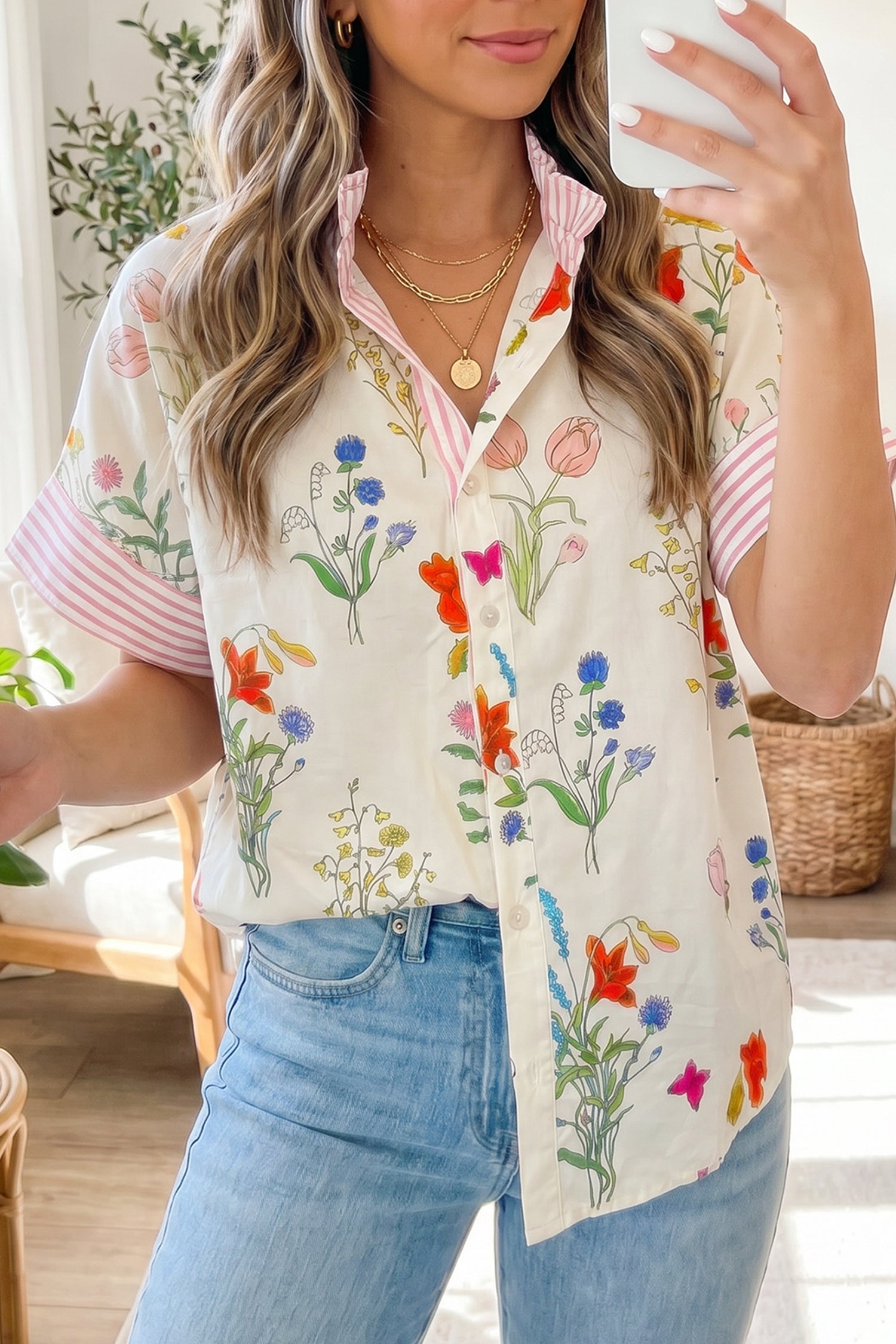 Floral Stripe Patchwork Ruffled Collar Shirt