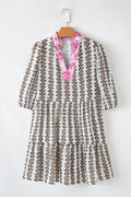 Floral Contrast V-Neck 3/4 Sleeve Dress