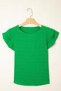 Solid Textured Ruffled Sleeve Round Neck Top