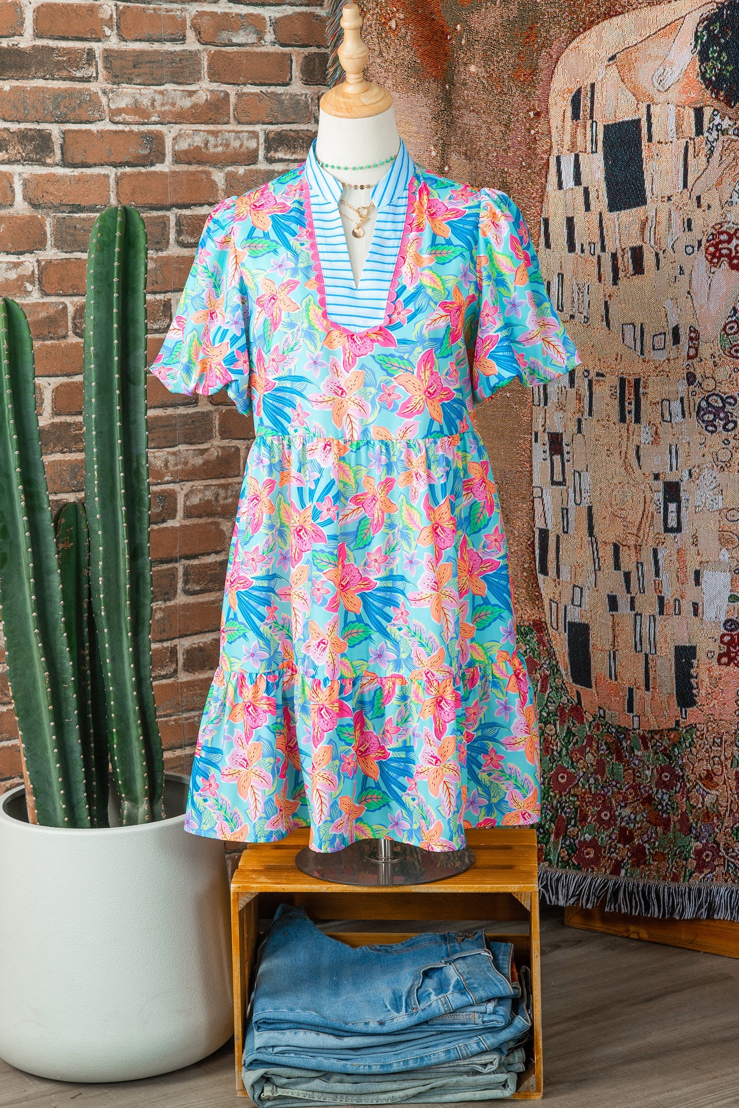 Floral Stripe Scallop Trim V-Neck Tiered Dress