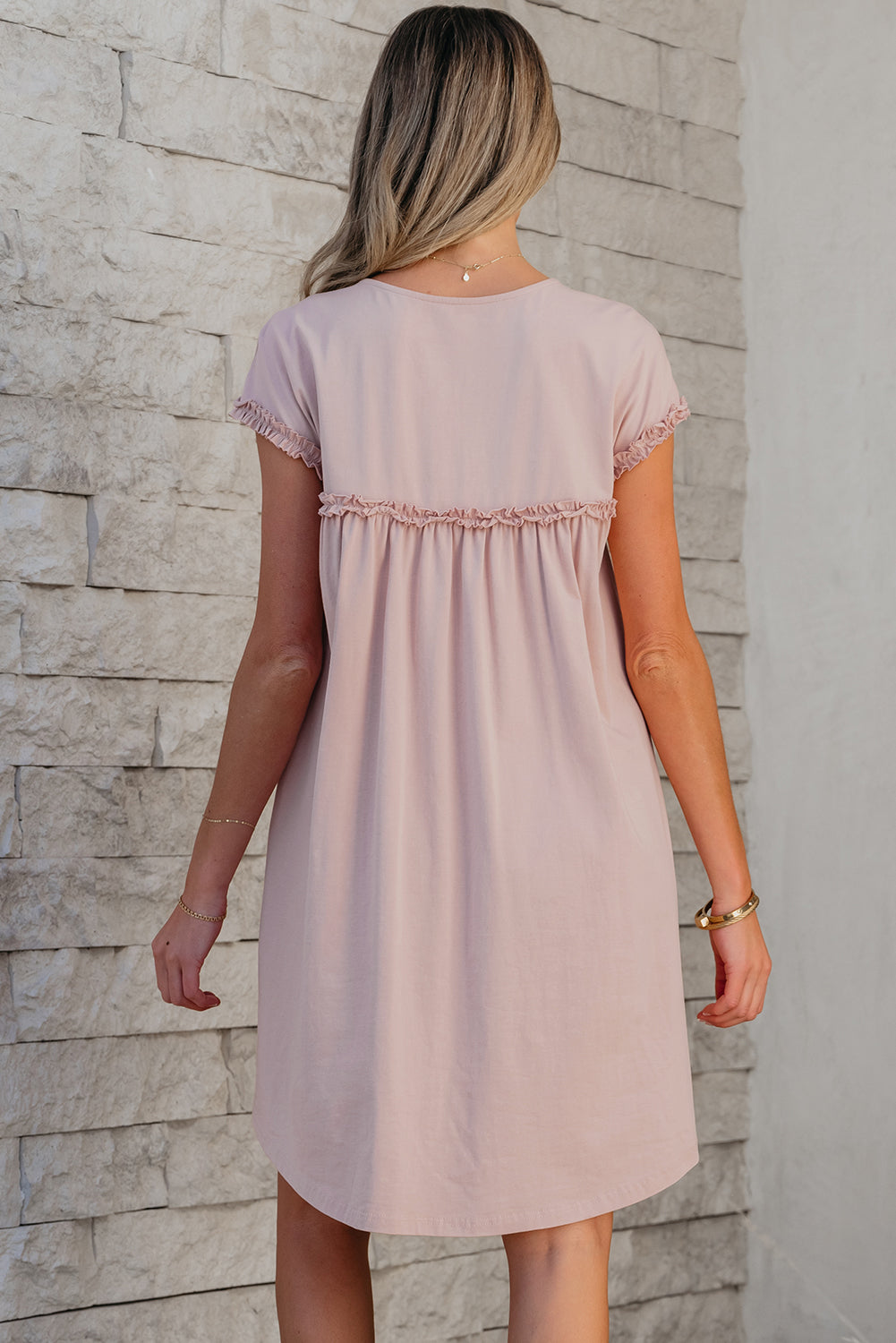 Solid Frilled Trim Short Sleeve Mini Dress