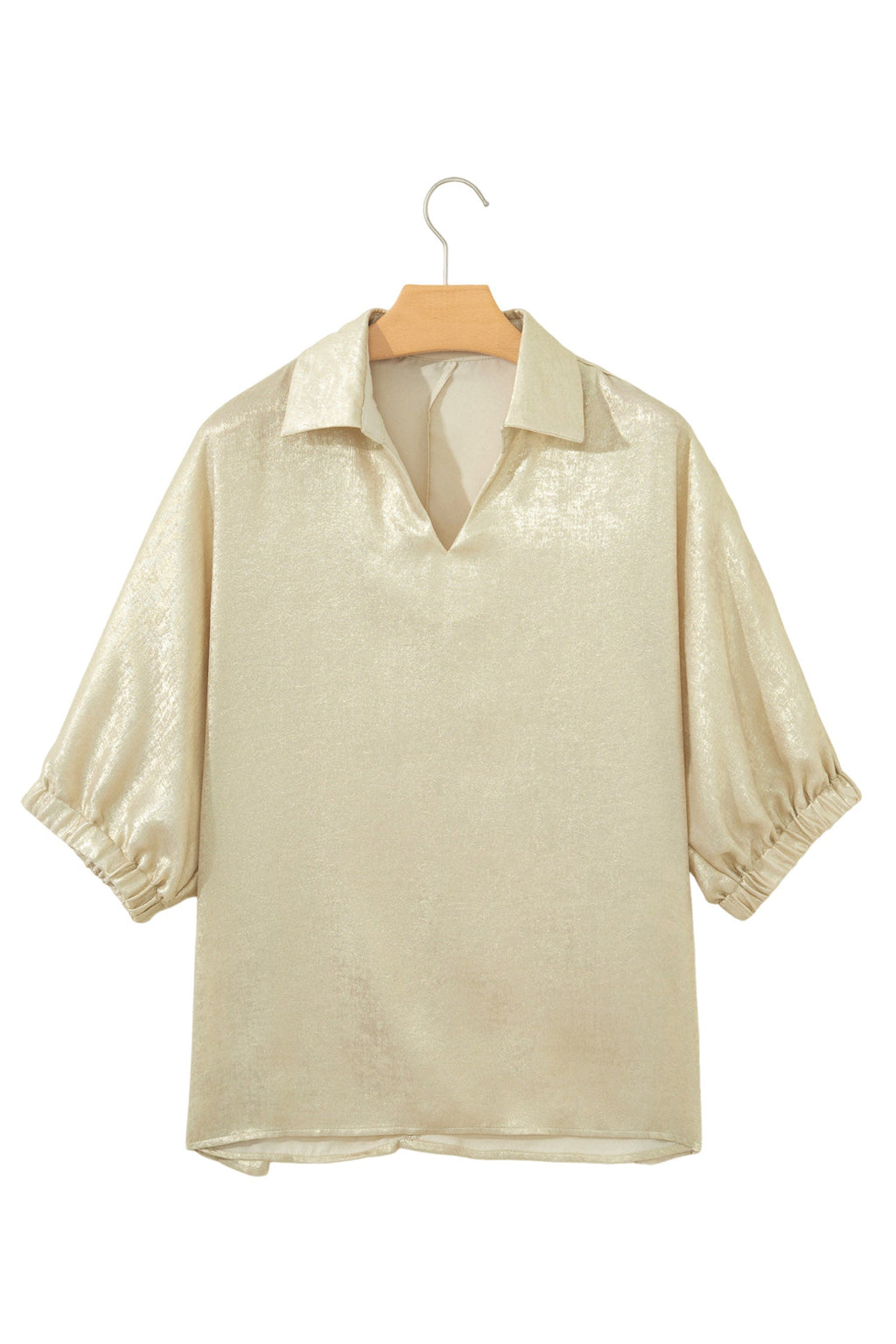 Metallic Collared V-Neck 3/4 Sleeve Top