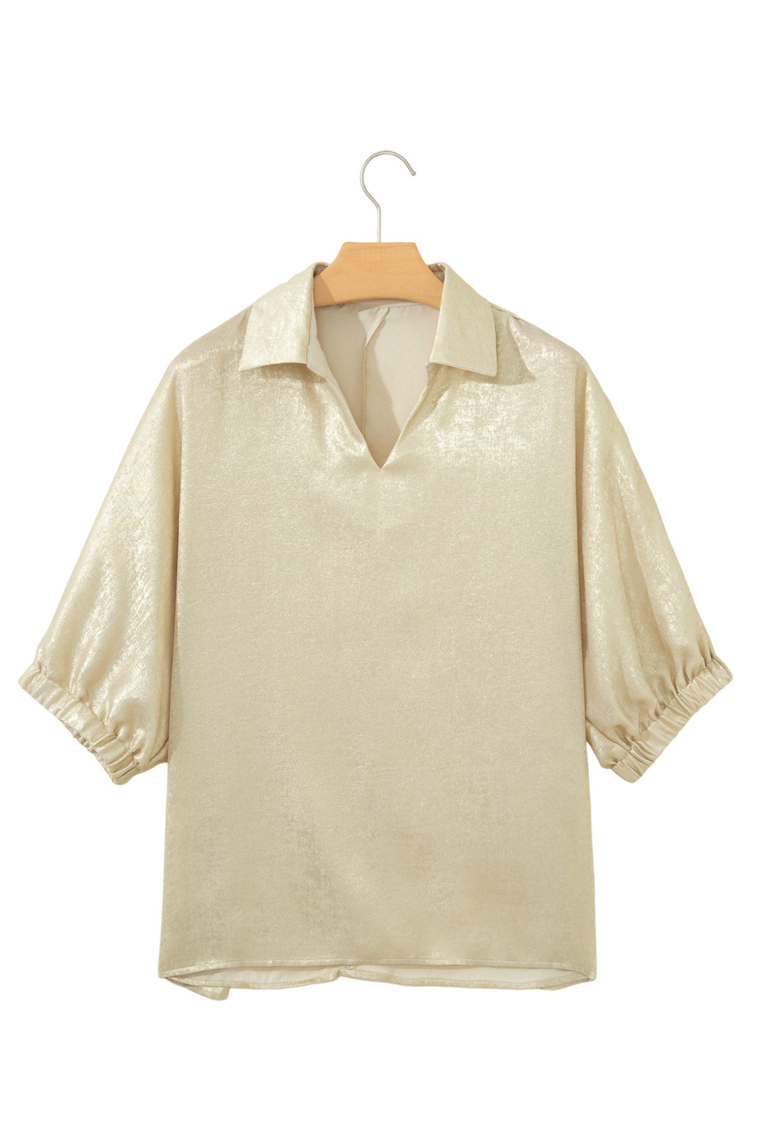 Metallic Collared V-Neck 3/4 Sleeve Top