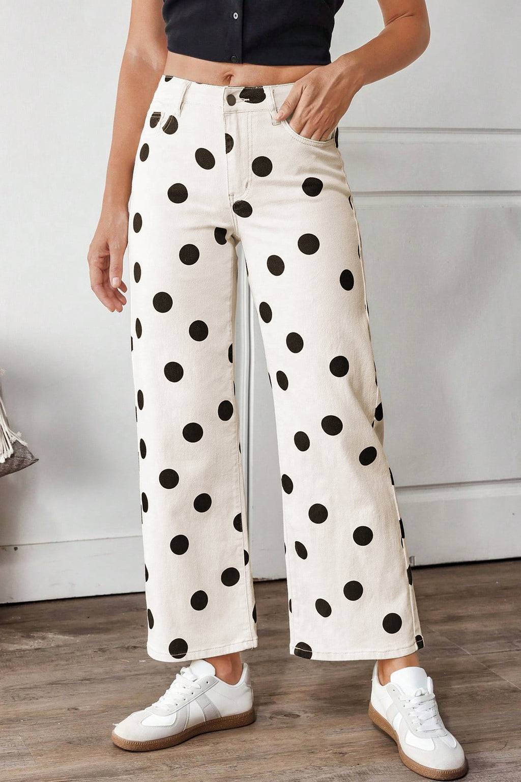 Polka Dot Wide Leg Ankle Length Jeans