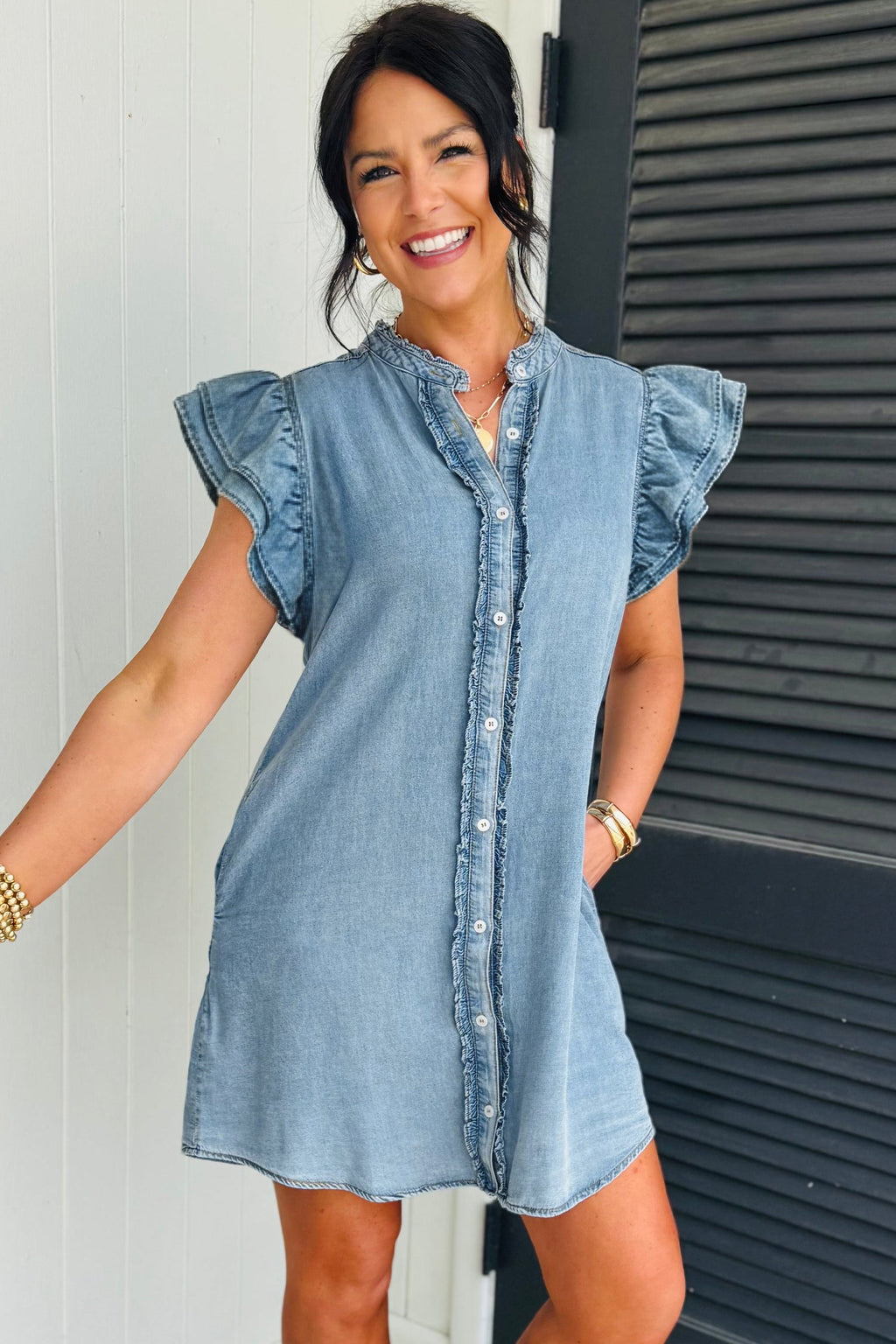 Solid Denim Frilled Ruffle Sleeve Buttoned Mini Dress