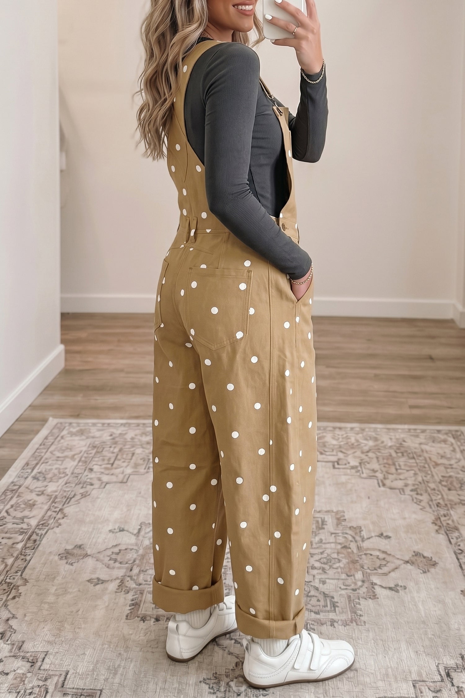 Polka Dot Denim Barrel Leg Overalls Jumpsuit