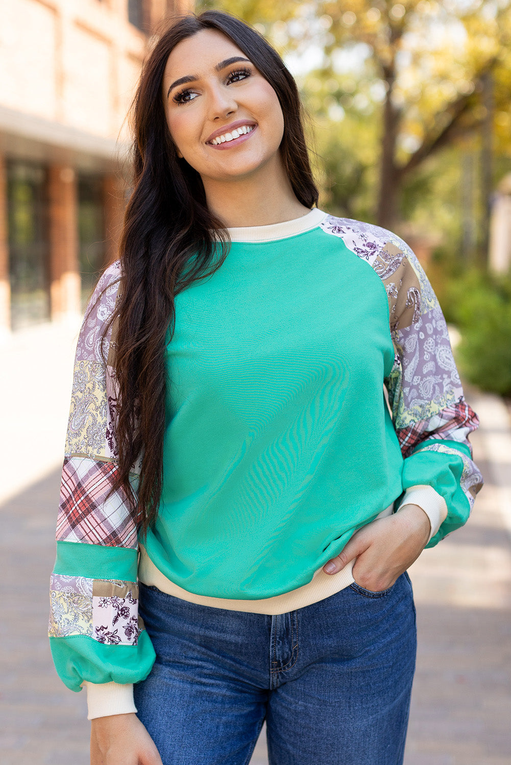 Plaid Paisley Patchwork Long Sleeve Top