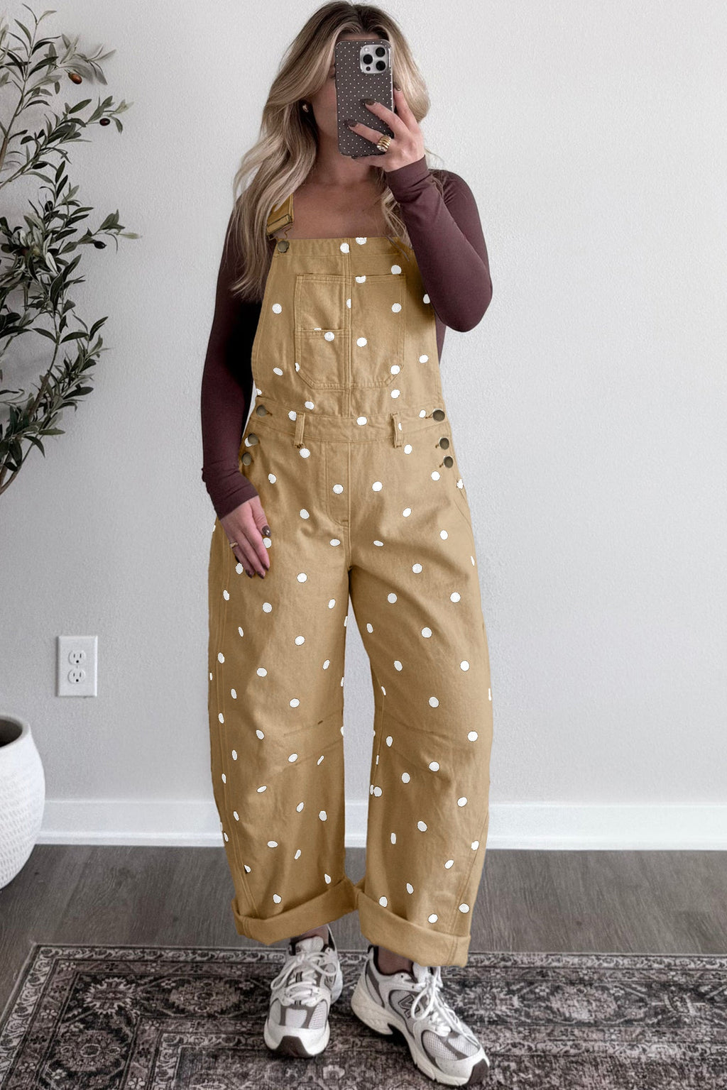 Polka Dot Denim Barrel Leg Overalls Jumpsuit