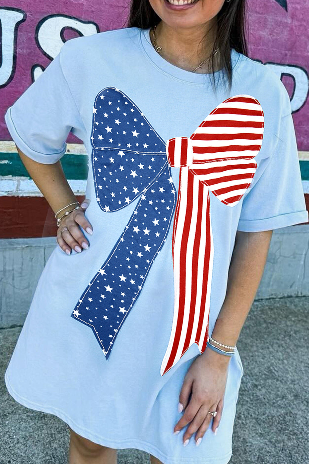 Patriotic Flag Bow Patchwork Mini T-Shirt Dress