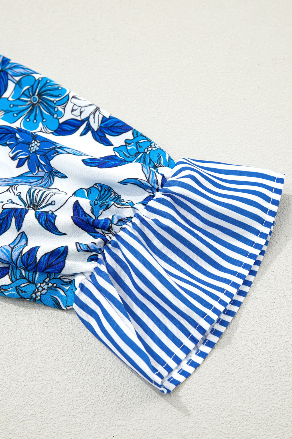 Floral Stripe Patchwork V-Neck Flounce Sleeve Blouse
