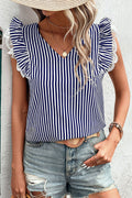 Stripe Lace Ruffle Trim V-Neck Tank Top