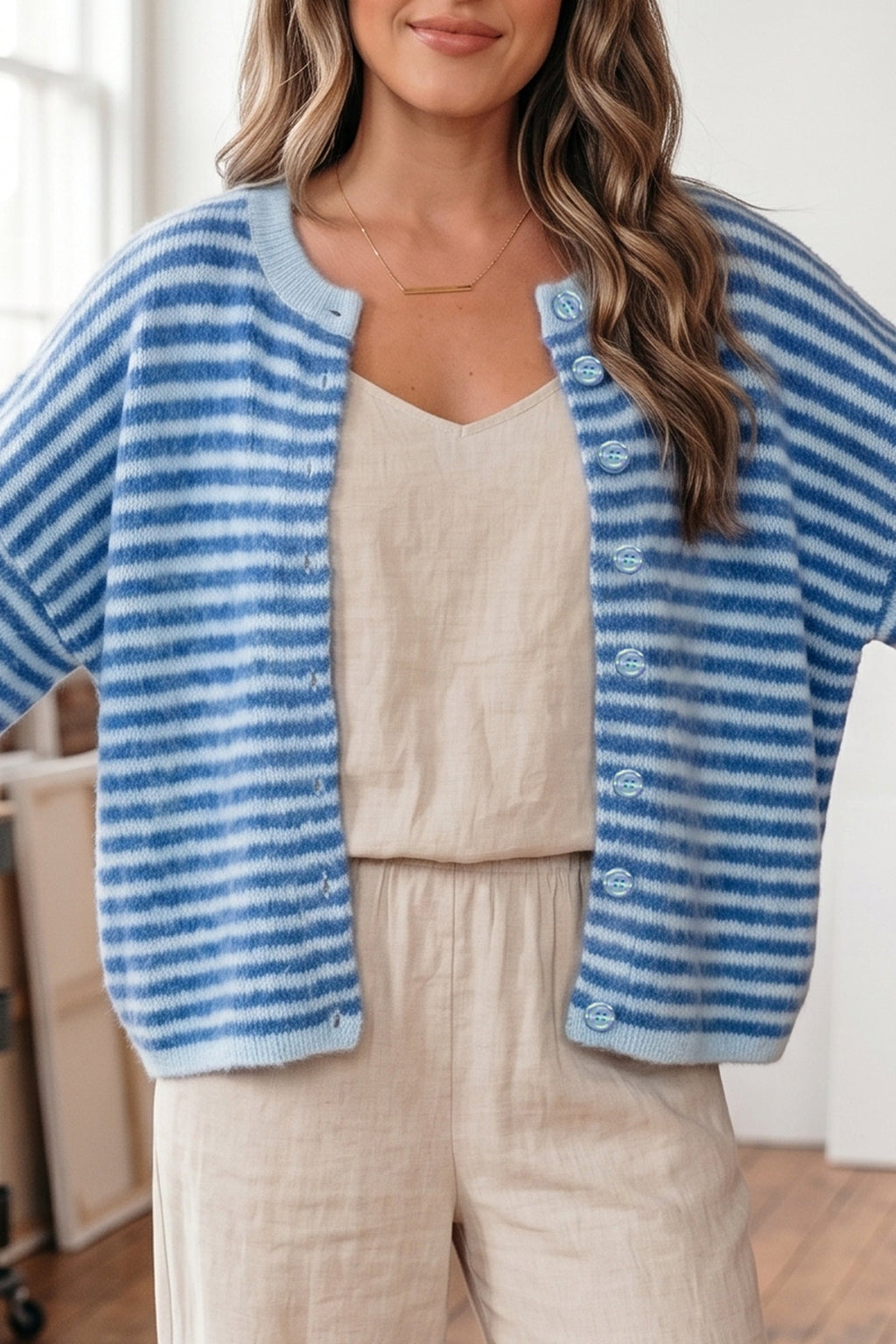 Stripe 3/4 Sleeve Button Down Knit Cardigan