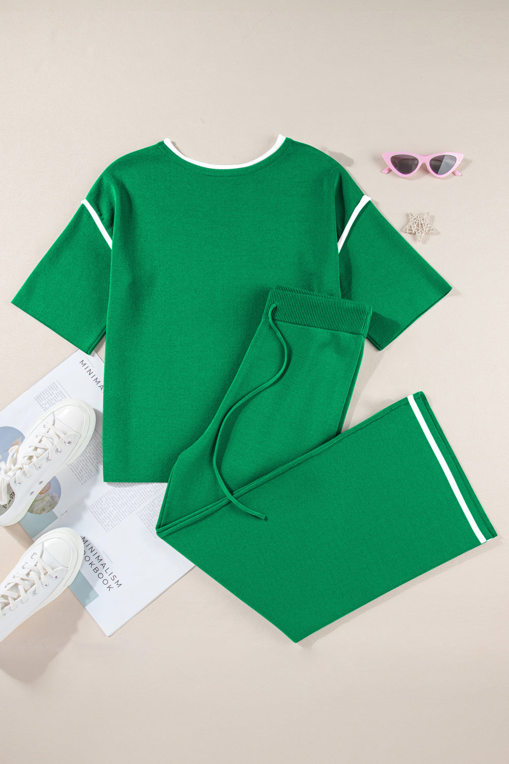 Contrast Trim Top and Drawstring Pants Set