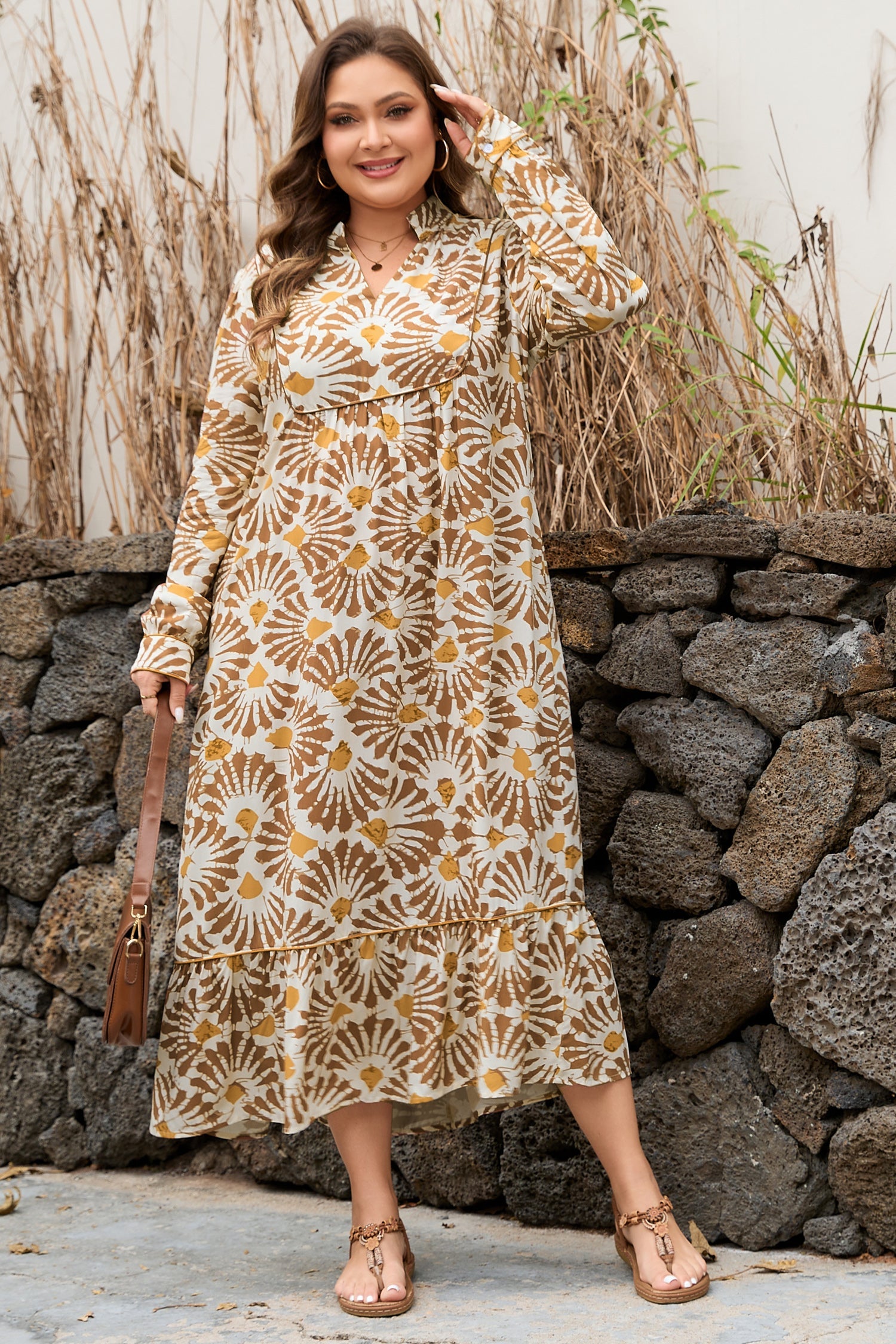 Plus Size Abstract Plant Long Sleeve Maxi Dress