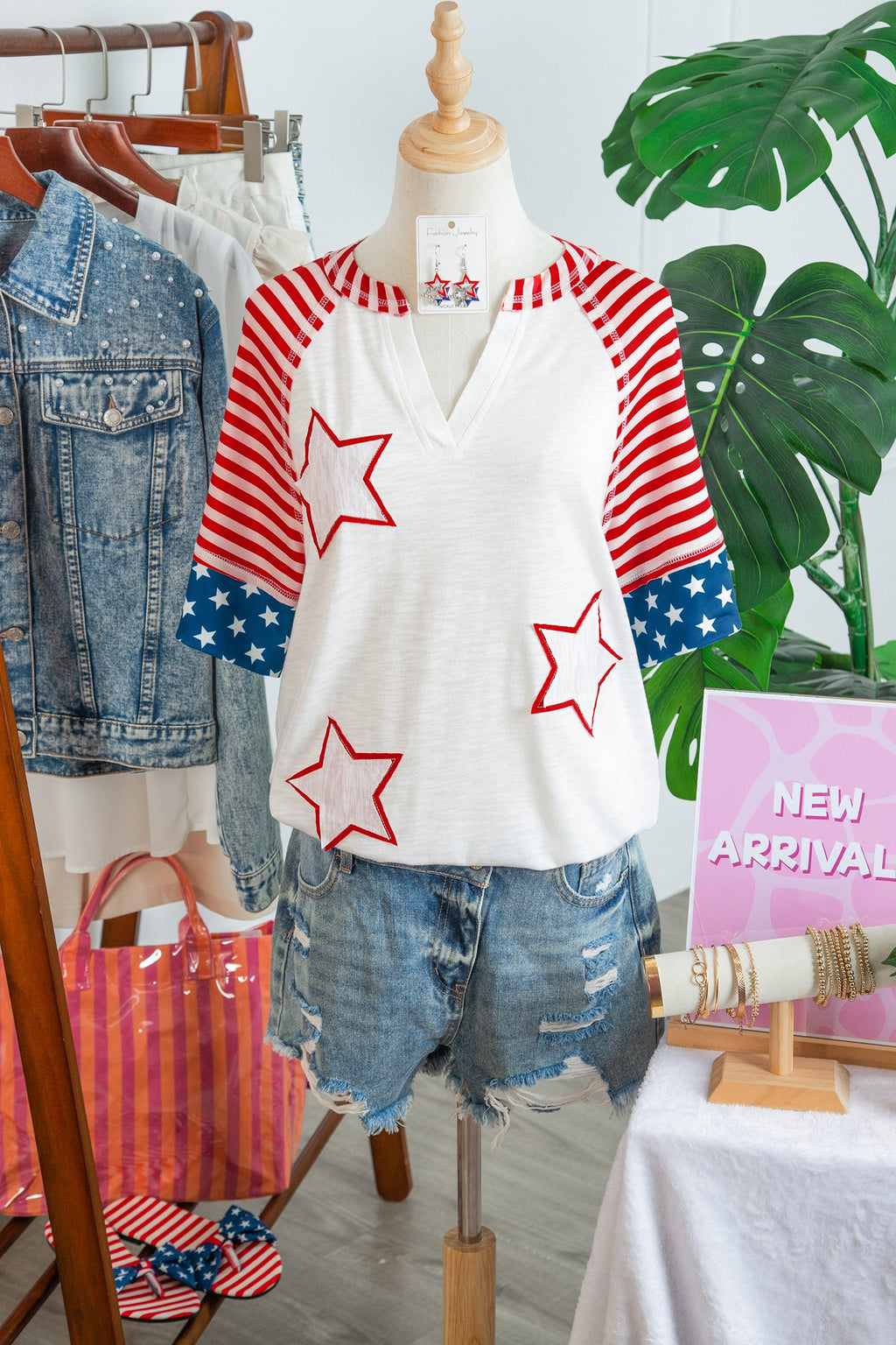 USA Flag Star Patchwork Short Sleeve Top