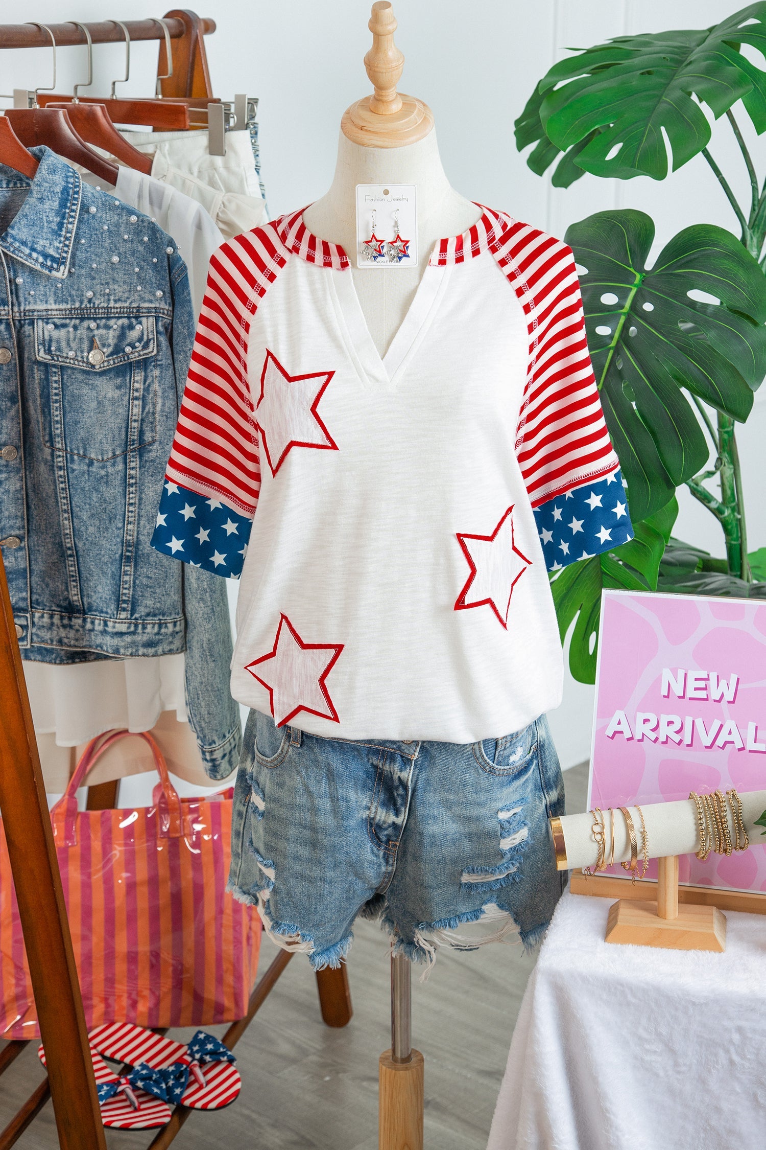 USA Flag Star Patchwork Short Sleeve Top
