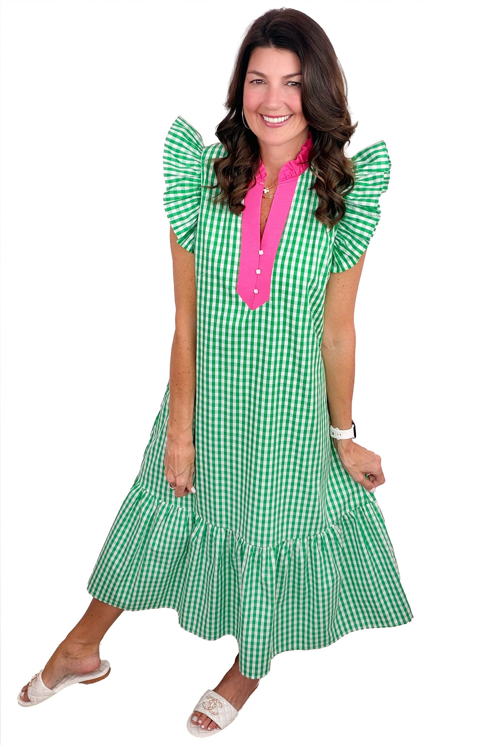 Gingham Colorblock Ruffle Sleeve Midi Dress