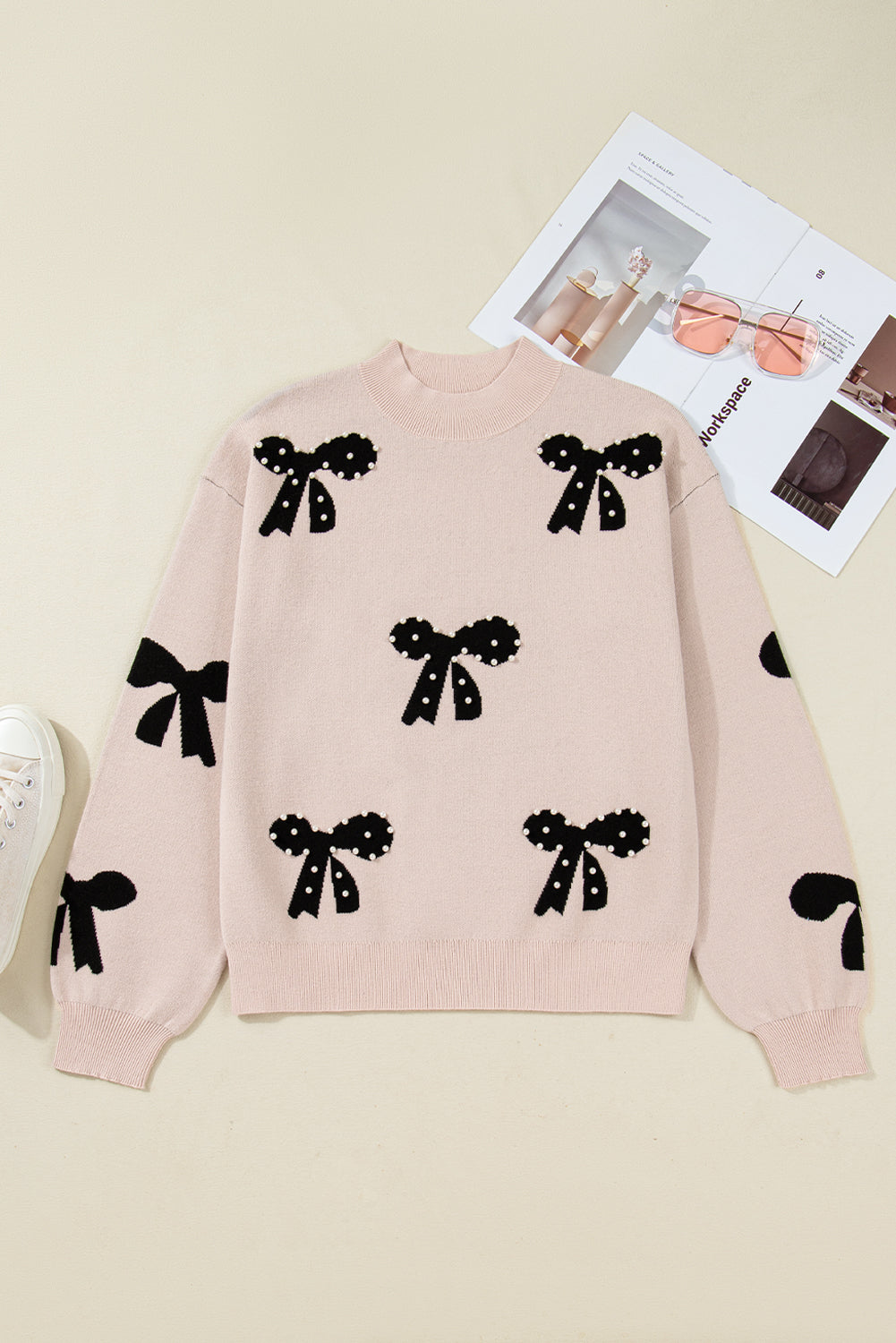 Bow Pearl Embellished Drop Shoulder Sweater