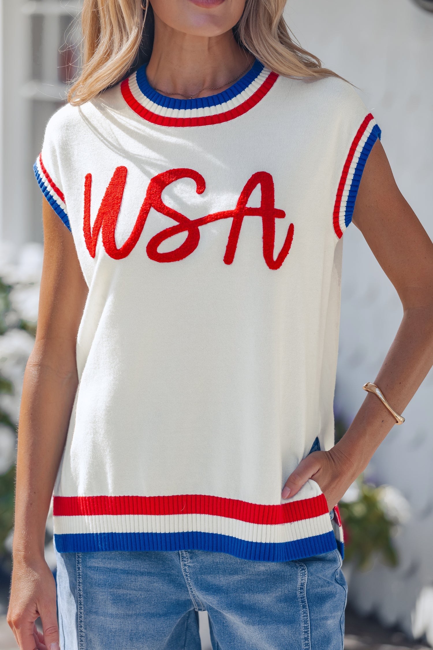 USA Stripe Contrast Trim Short Sleeve Sweater