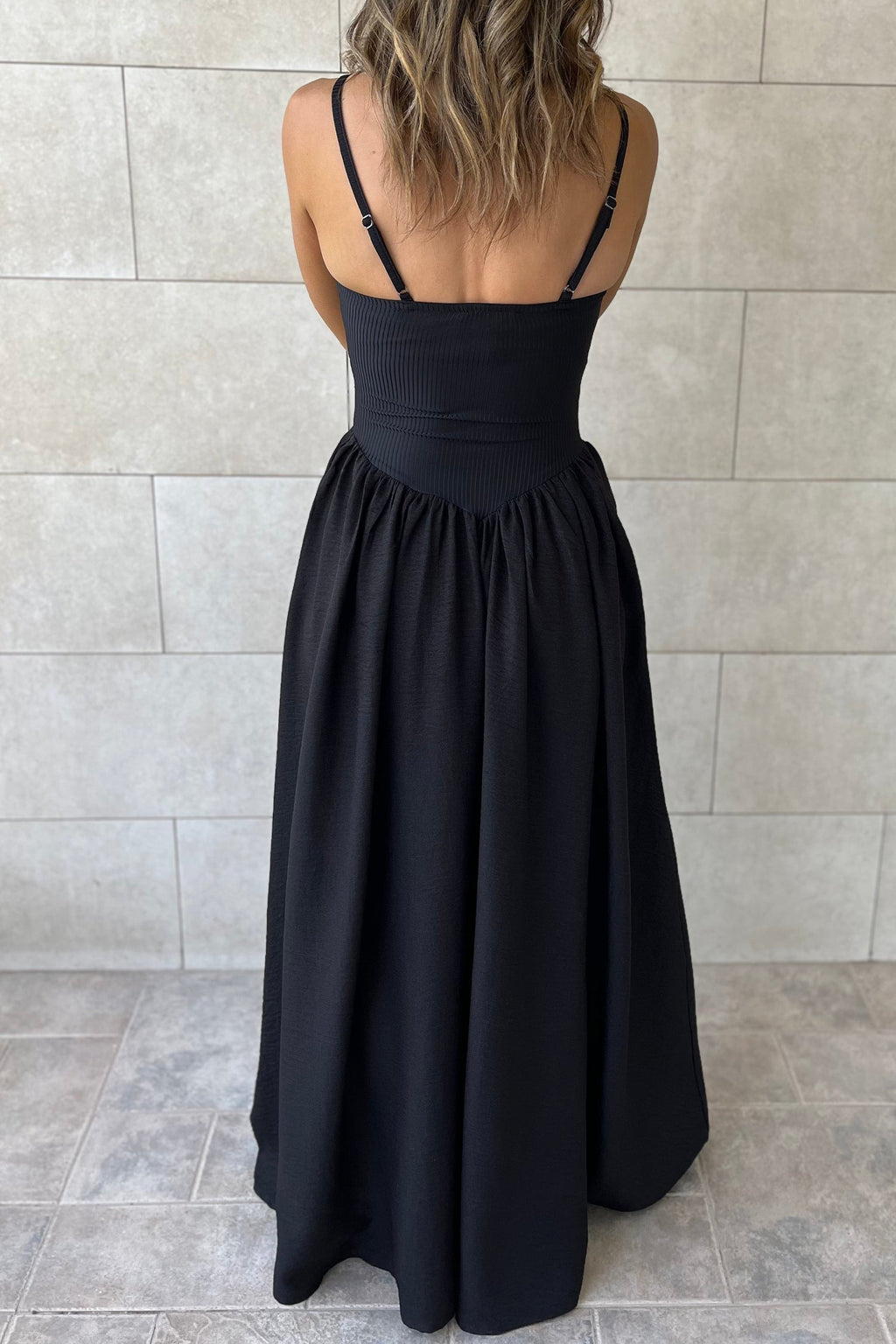 Solid Ribbed Patchwork Drop Waist Maxi Dress